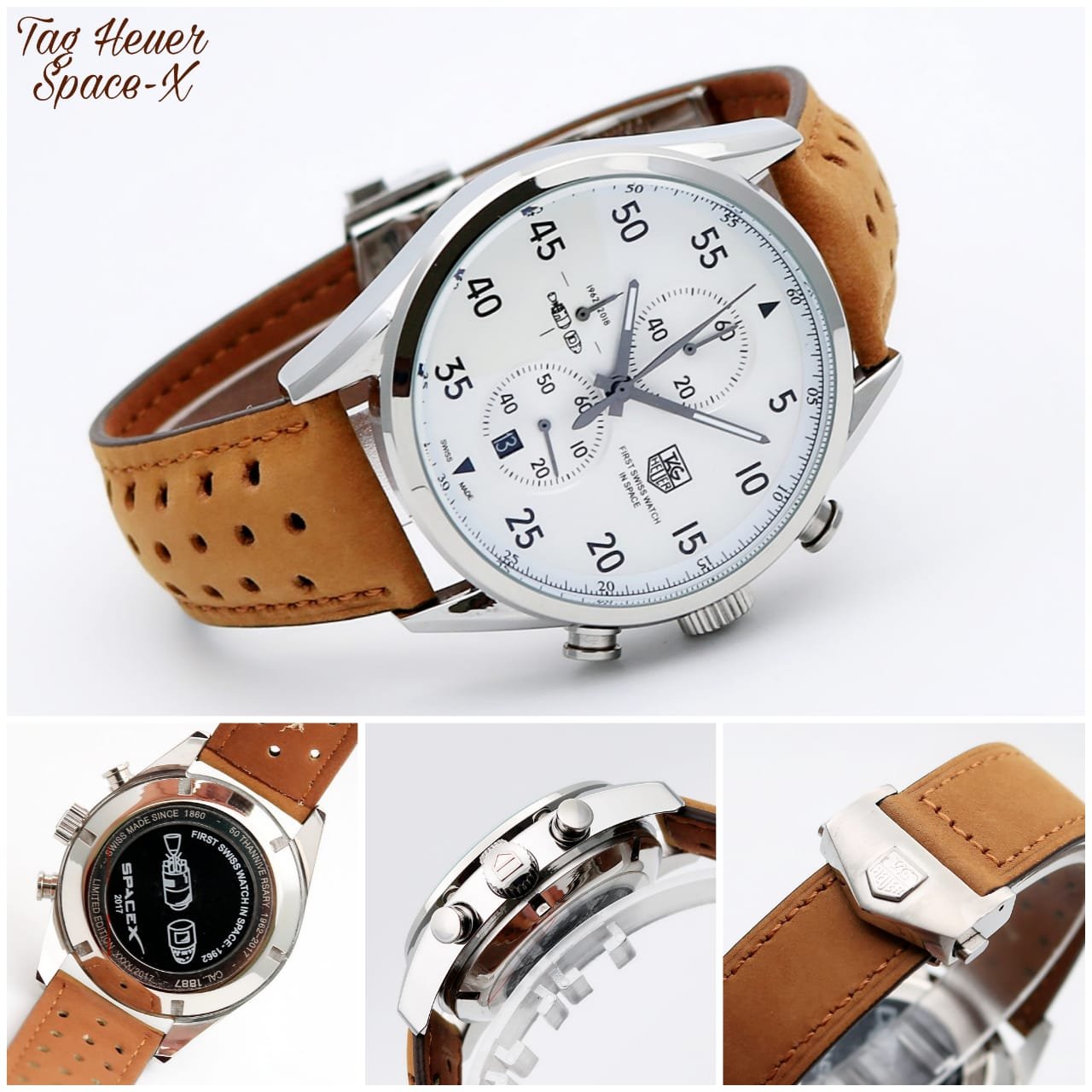 Tag Heuer Carrera Chronograph White Dial Leather Mens 1887-SPACEX-BROWN Watch for Man - Gift_0 Tag Heuer Carrera Chronograph White Dial Leather Mens 1887-SPACEX-BROWN Watch for Man - Gift