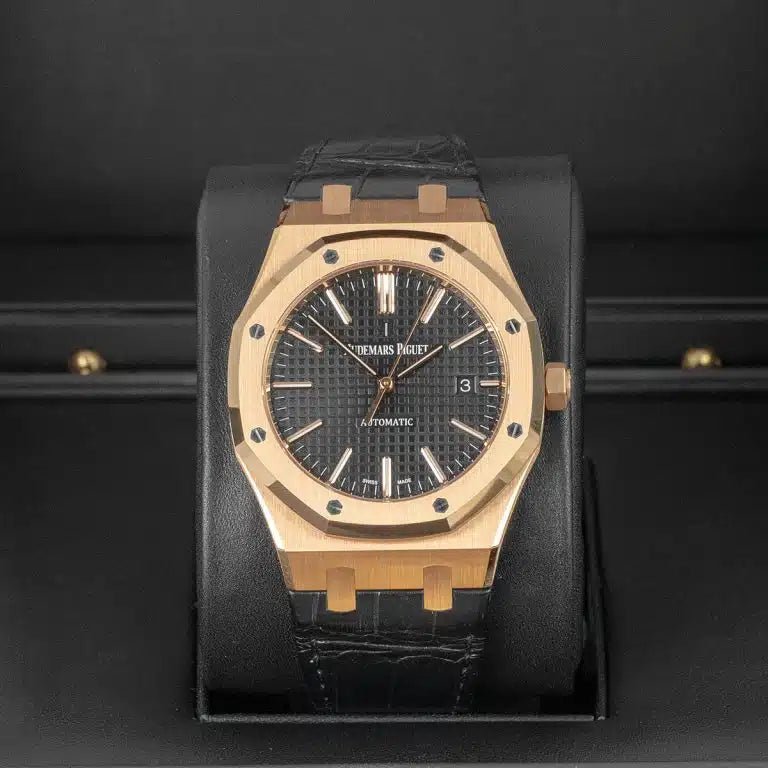 Audemars Piguet Royal Oak Selfwinding Black Dial 41mm Rose Gold Leather Strap Watch_1 Audemars Piguet Royal Oak Selfwinding Black Dial 41mm Rose Gold Leather Strap Watch