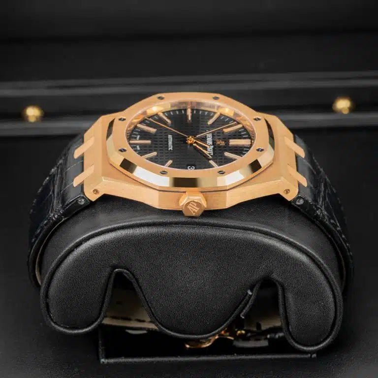 Audemars Piguet Royal Oak Selfwinding Black Dial 41mm Rose Gold Leather Strap Watch_0 Audemars Piguet Royal Oak Selfwinding Black Dial 41mm Rose Gold Leather Strap Watch