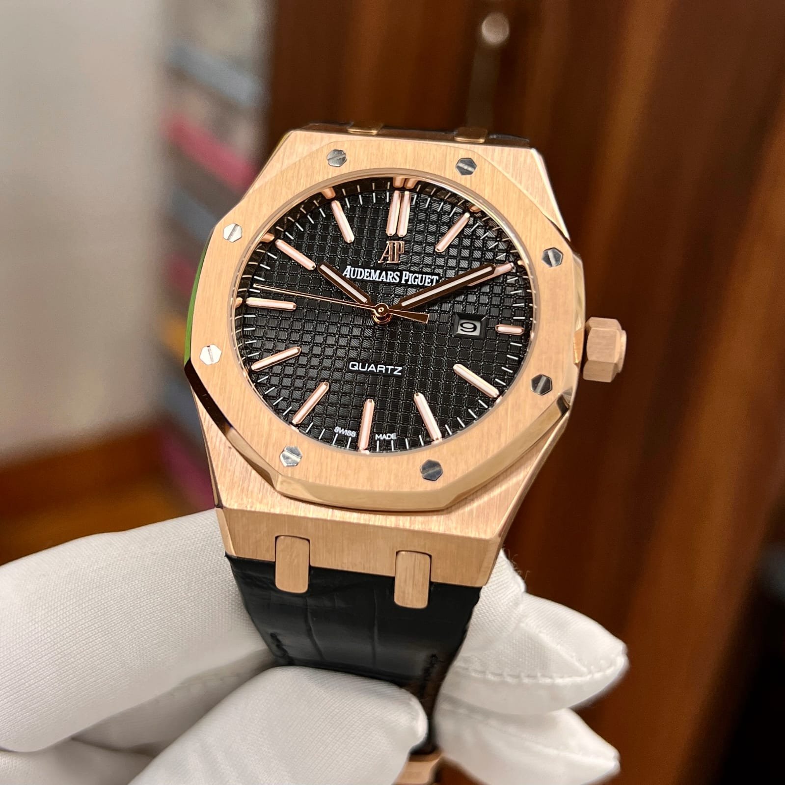 Audemars Piguet Royal Oak Selfwinding Black Dial 41mm Rose Gold Leather Strap Watch_3 Audemars Piguet Royal Oak Selfwinding Black Dial 41mm Rose Gold Leather Strap Watch